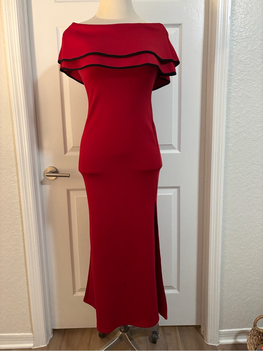 Sweet Storm Size M Red Off-Shoulder Ruffle Maxi Dress with Black Trim